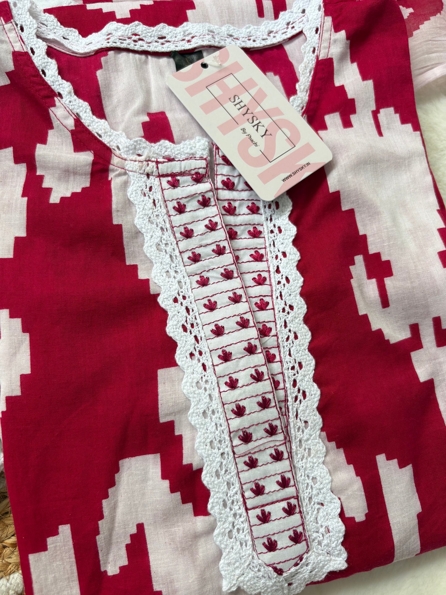 Red ikkat suit set with chikankari Pants