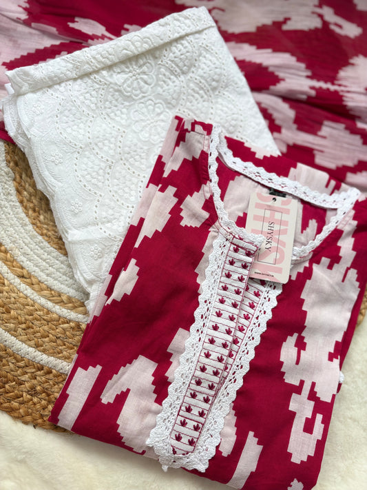 Red ikkat suit set with chikankari Pants